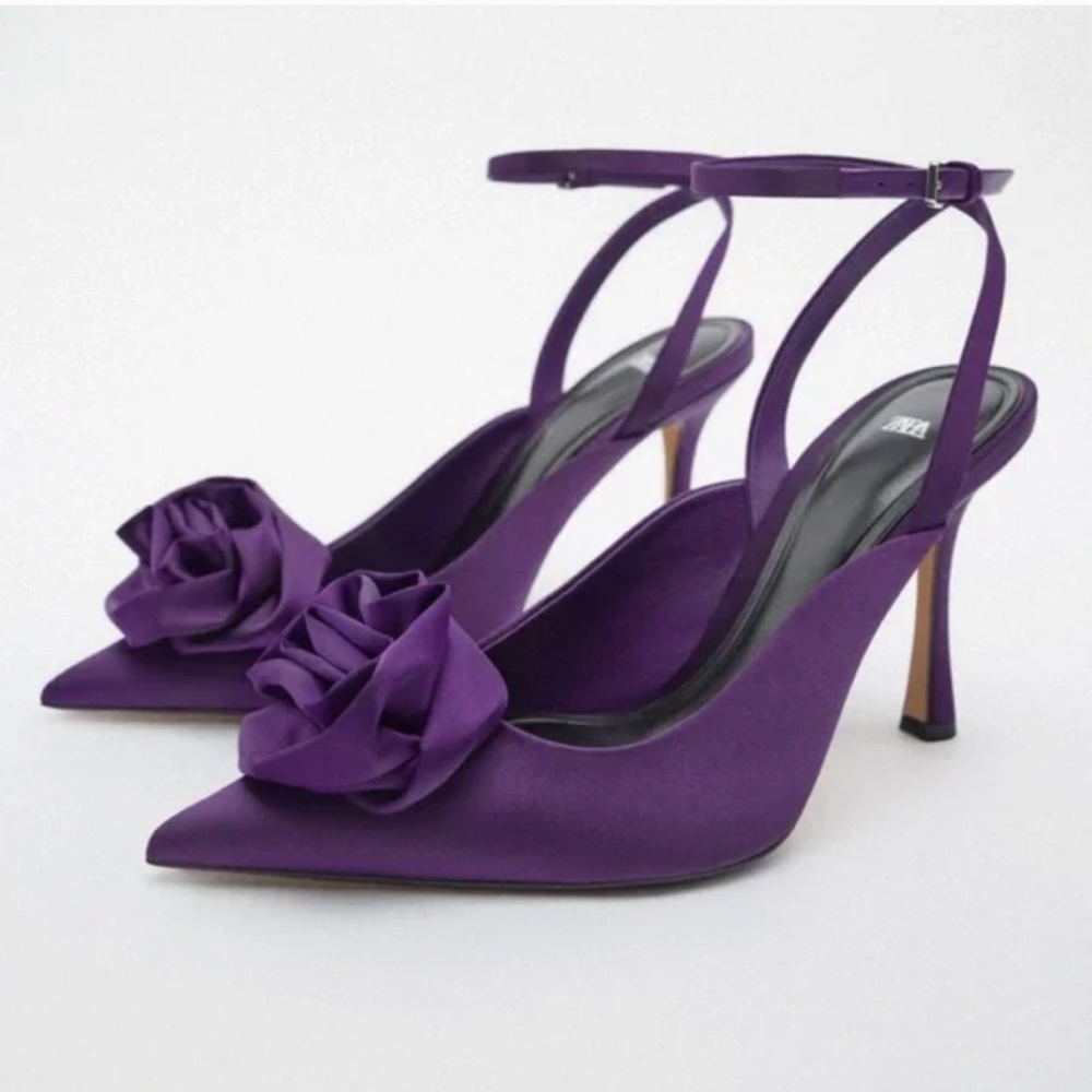 NIB Zara Flower Heeled Shoes Purple Satin with Ankle Strap Pointed Toe Size 37